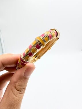 Pink & Yellow Enamel Gold-Tone Hinged Bangle Bracelet